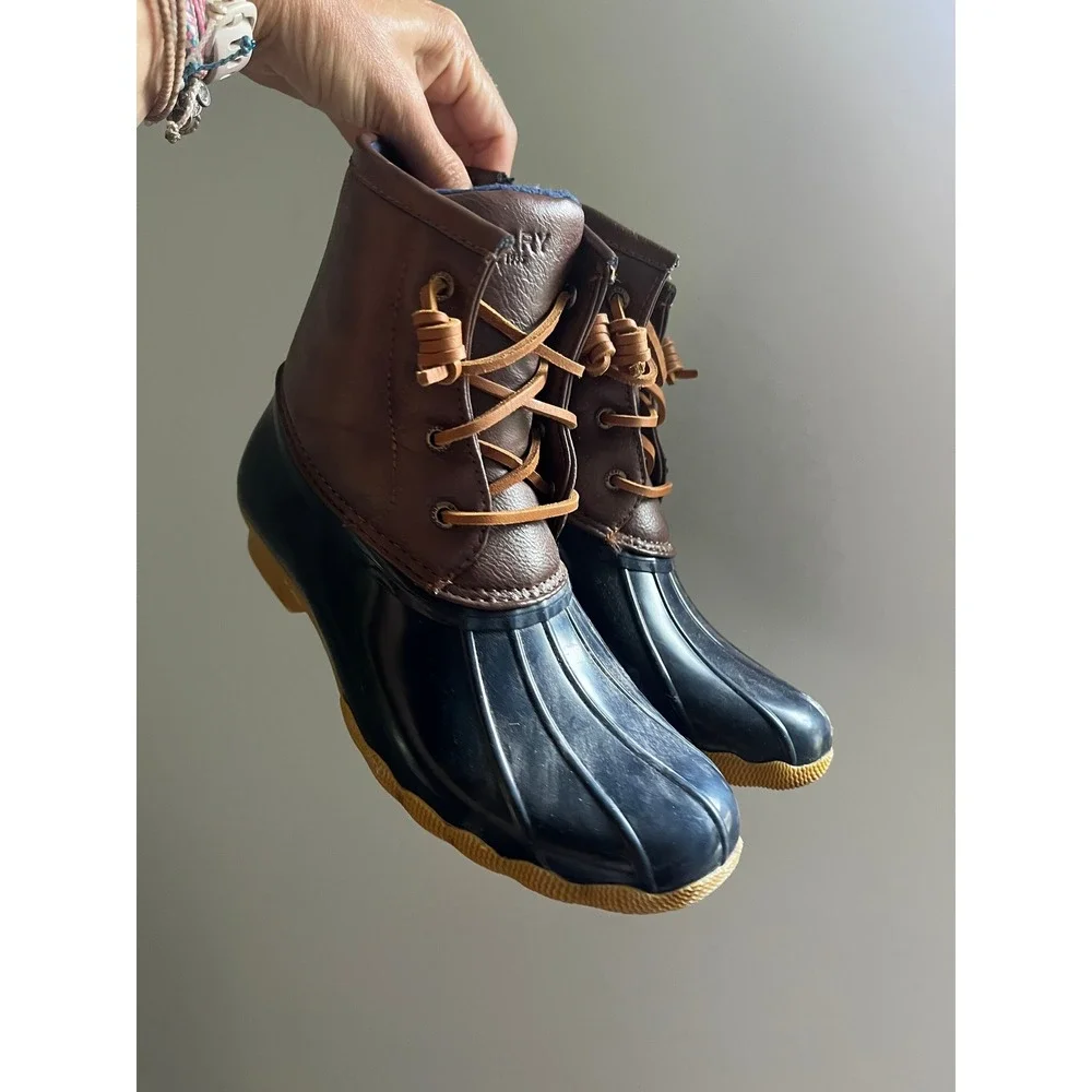 Sperry Saltwater Duck Boots Navy Brown Side Zip Womens 5 / 37 Rain Snow Gorpcore